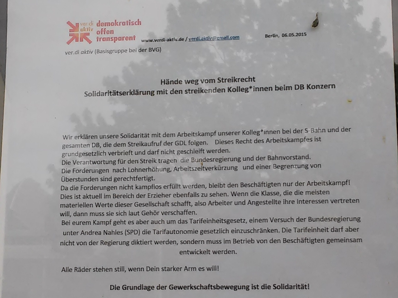 Solidaritätserklärung Berliner Verkehrsbetriebe (BVG)